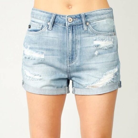 KanCan cuffed high waisted ripped denim shorts 28 - Picture 1 of 10